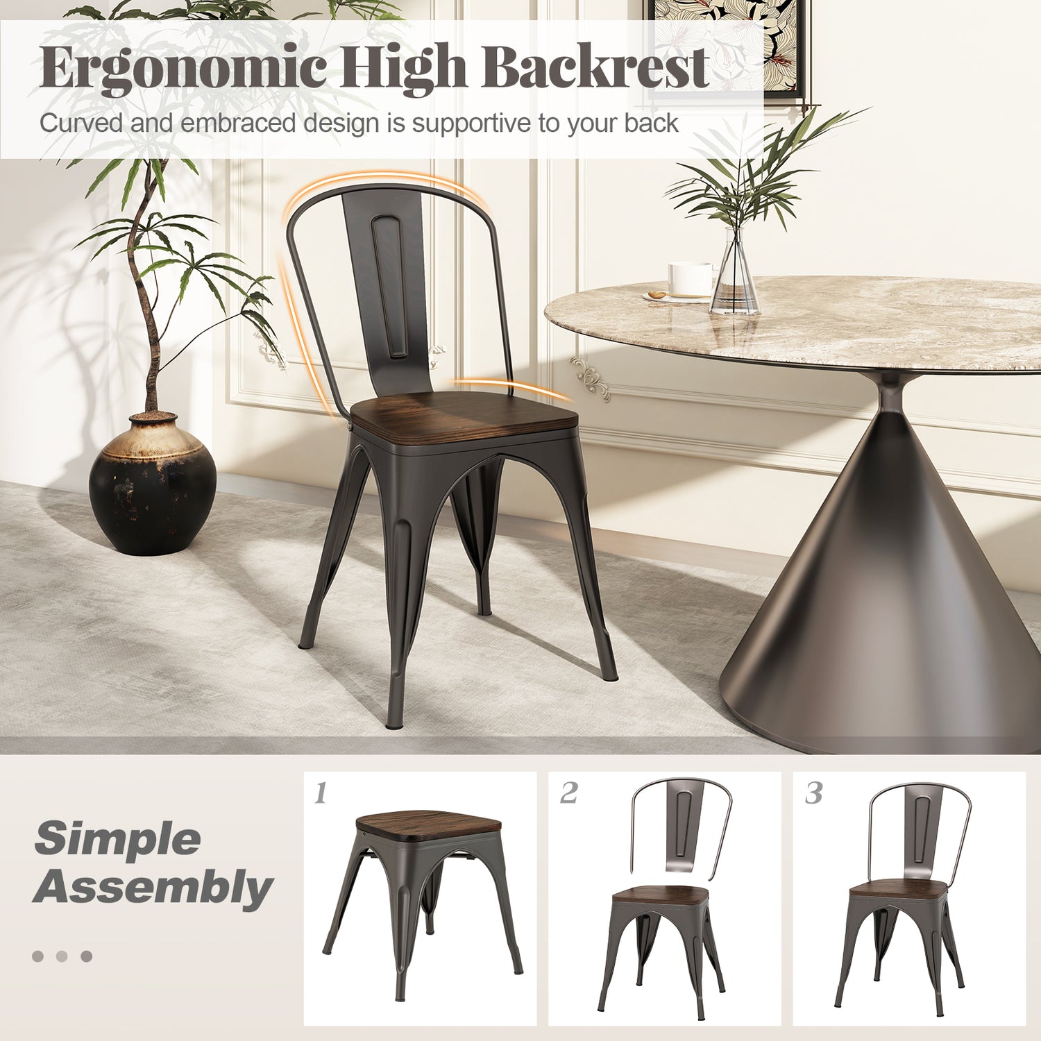 Metal Dining Chairs Set of 4 Tolix Style Stackable Kitchen Chairs with Wood Seat