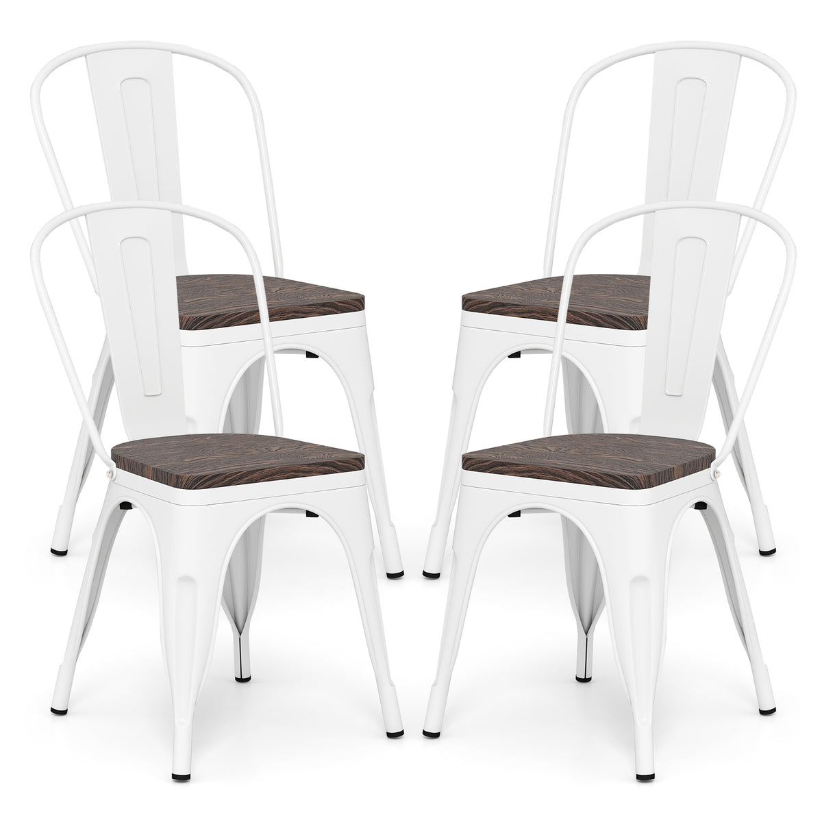 Metal Dining Chairs Set of 4 Stackable Kitchen Side Chairs with Wood Seat and Detachable High Backrest-White