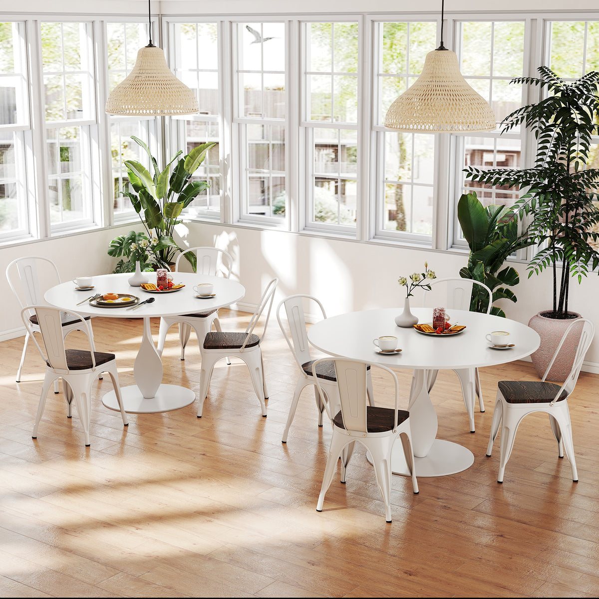 Metal Dining Chairs Set of 4 Stackable Kitchen Side Chairs with Wood Seat and Detachable High Backrest-White