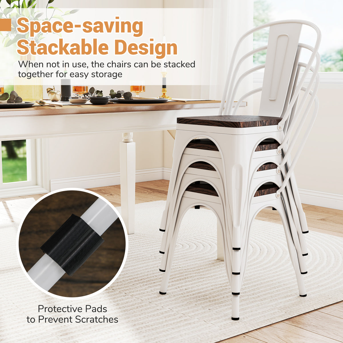 Metal Dining Chairs Set of 4 Stackable Kitchen Side Chairs with Wood Seat and Detachable High Backrest-White