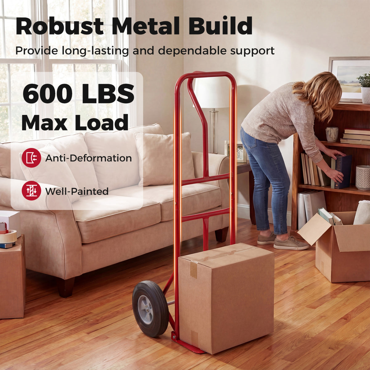 Metal Hand Truck Heavy-Duty 600 LBS Moving Dolly Cart with P-Handle and 10inch Rubber Wheels