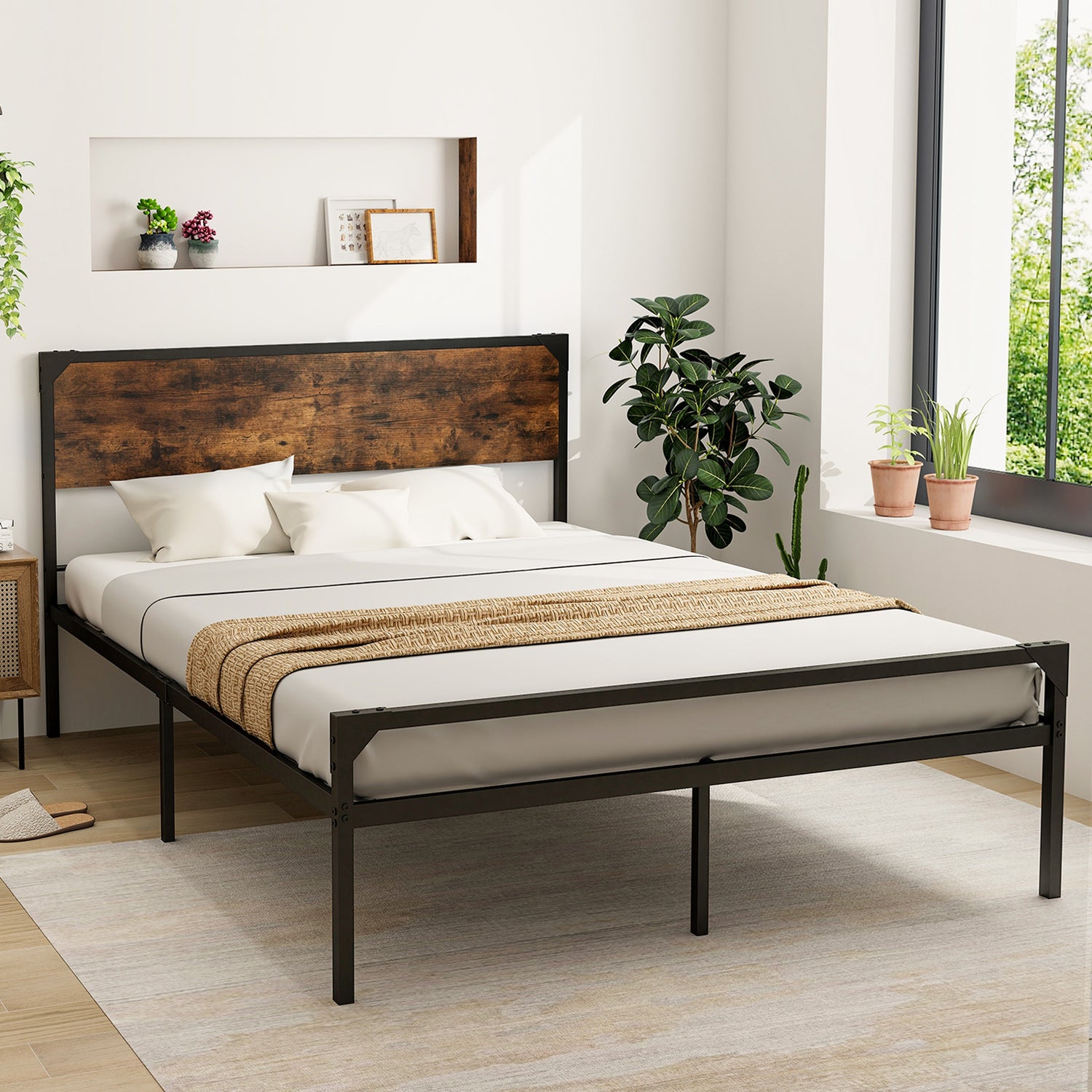 Platform Full/Queen Bed with Rustic Headboard and Footboard