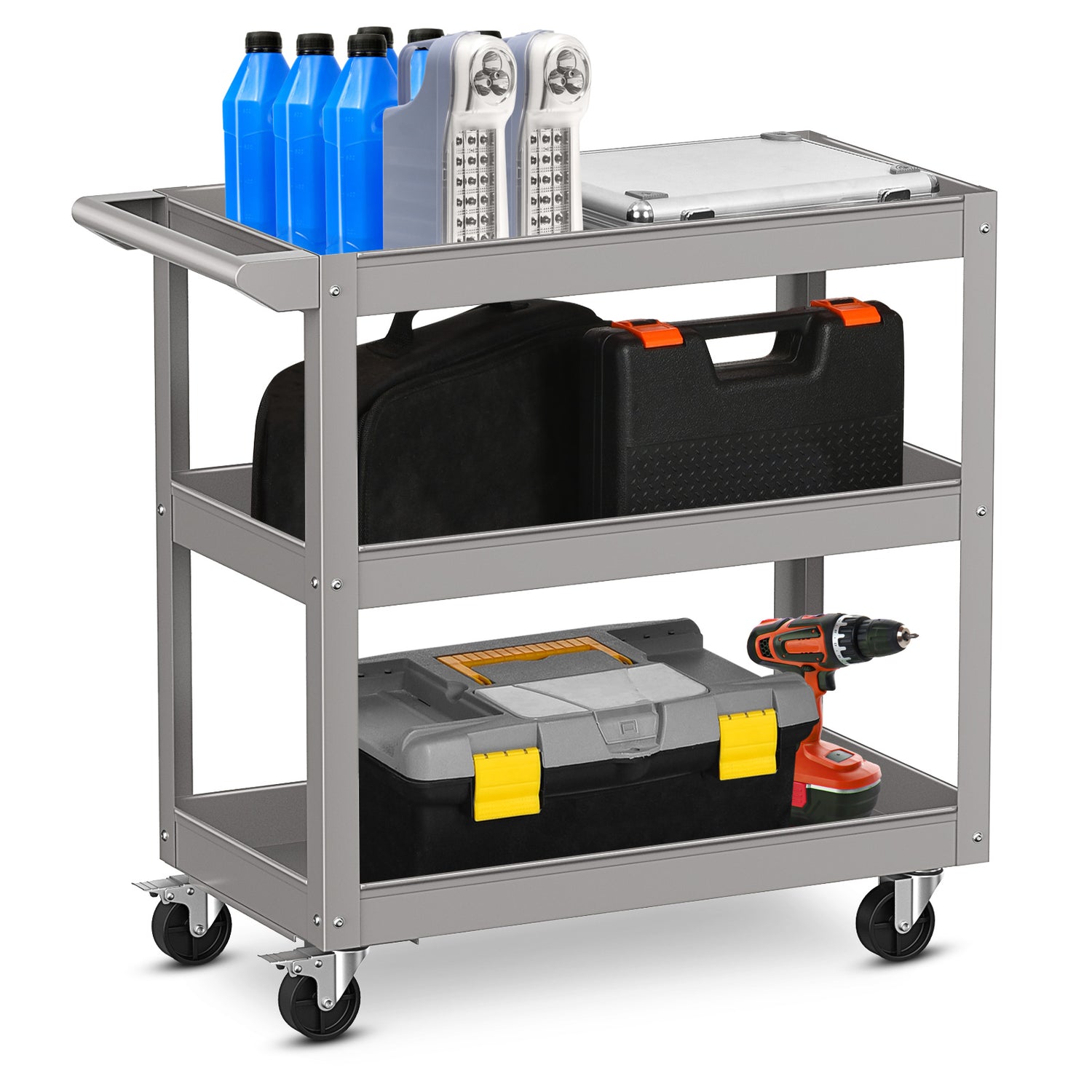 3-Tier Metal Utility Cart Trolley Tool with Flat Handle and 2 Lockable Universal Wheels