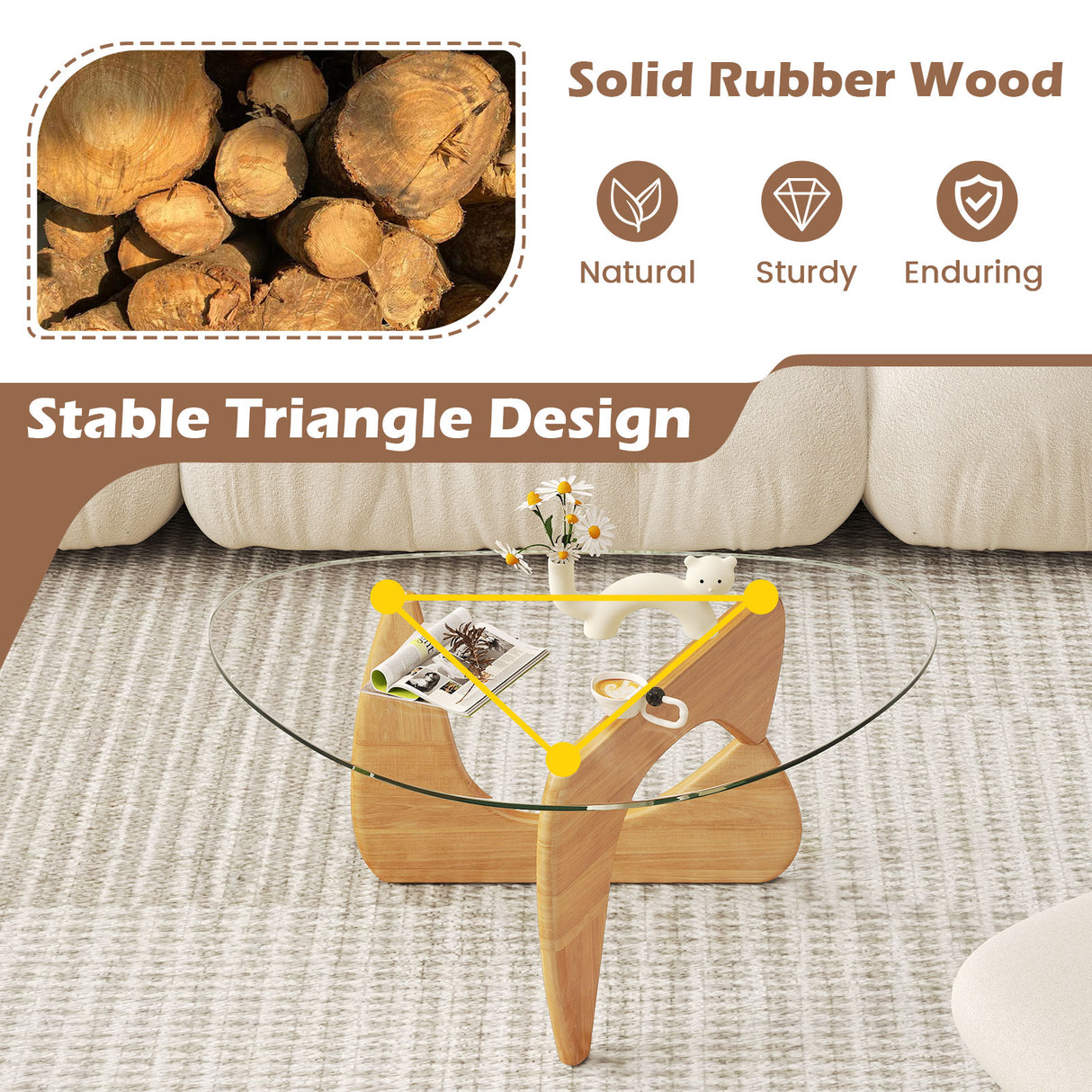 Triangle Coffee Table with Tempered Glass Top and Adjustable Rubber Wood Base