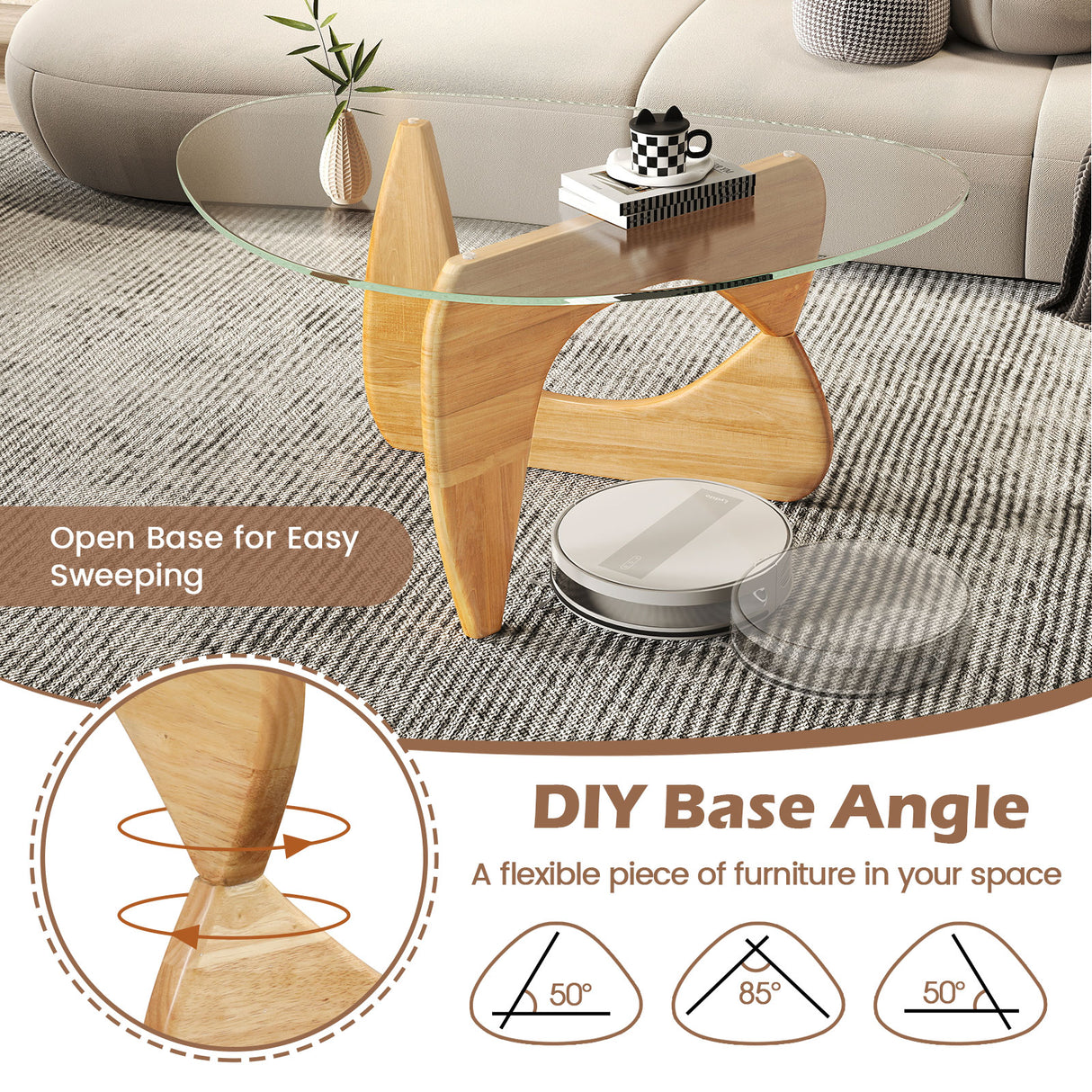 Triangle Coffee Table with Tempered Glass Top and Adjustable Rubber Wood Base
