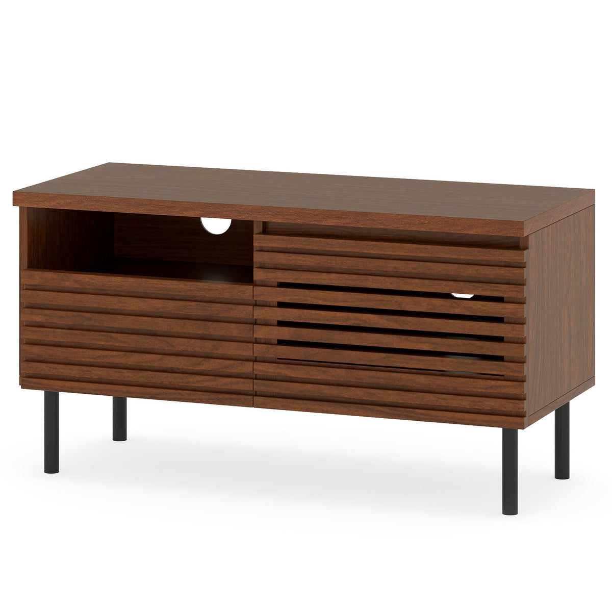 Mid Century Fluted TV Stand for 40 Inch TV Modern Entertainment Center with Open Compartment-Walnut