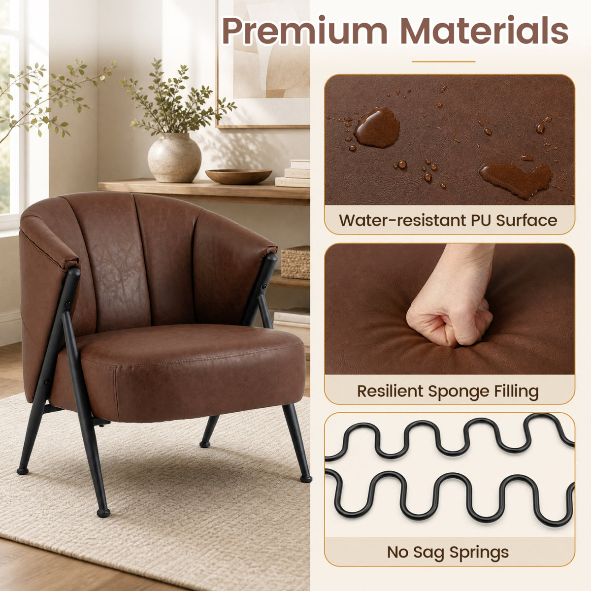 Mid Century Modern Accent Chair with Curved Backrest and Wide Seat Comfy Armchair-Brown