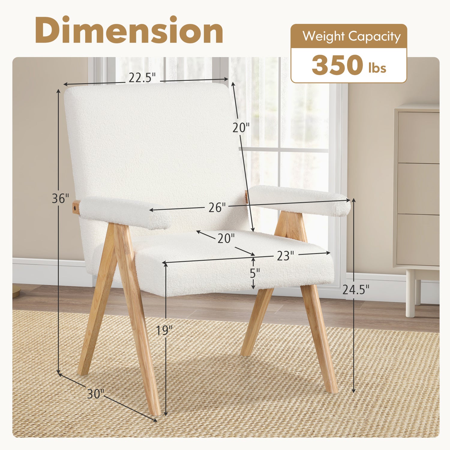 Mid Century Modern Accent Chair with Rubber Wood Frame and Padded Armrests-White