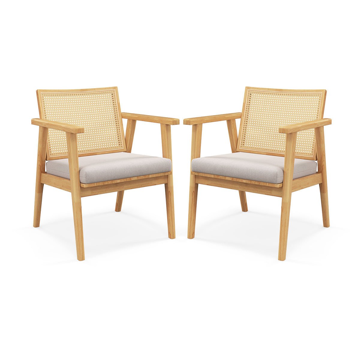 Mid Century Modern Accent Chairs Set of 2 with Breathable Rattan Back-Natural