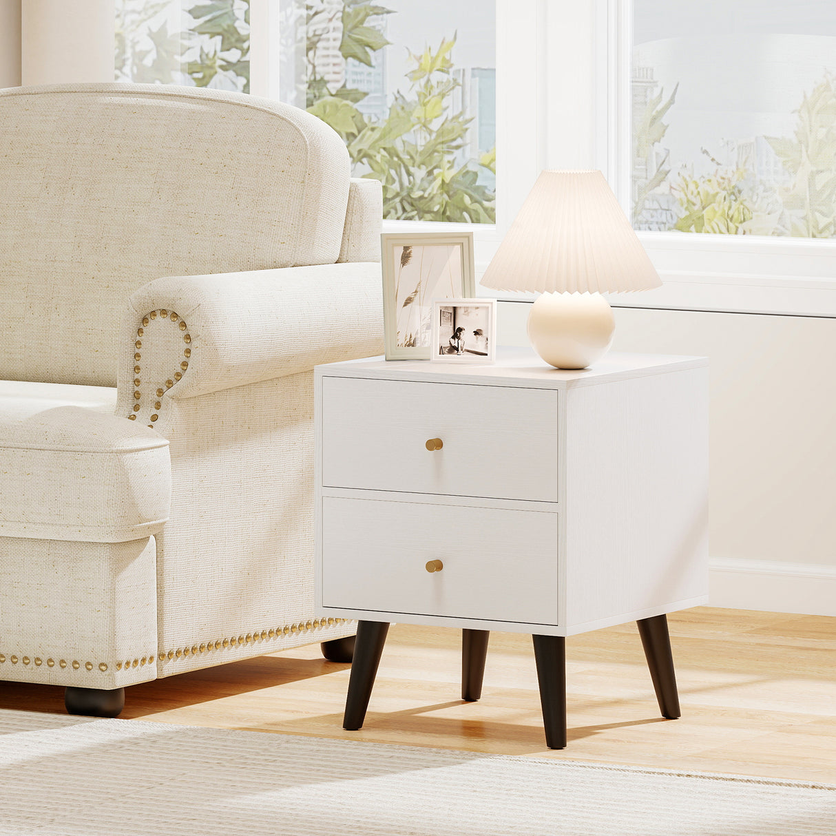 Mid Century Modern Bedside Table Nightstand with Golden Knobs and Raised Support Legs-White
