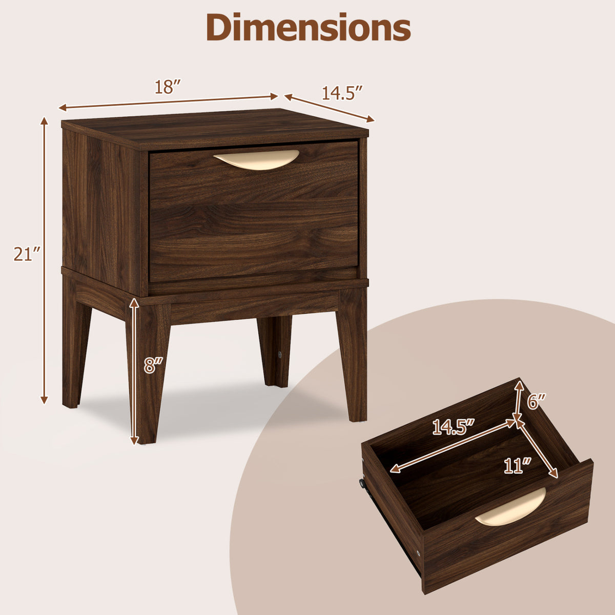 Mid Century Modern Bedside Table with Drawer and Tapered Support Feet for Bedroom-Walnut