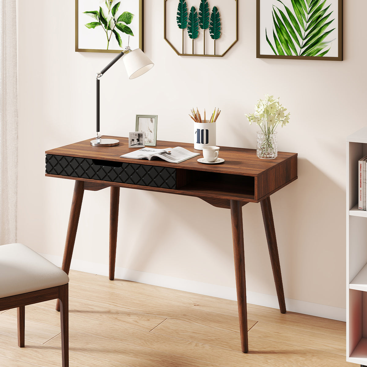 Mid-Century Modern Computer Desk with Drawer and Open Compartment-Brown