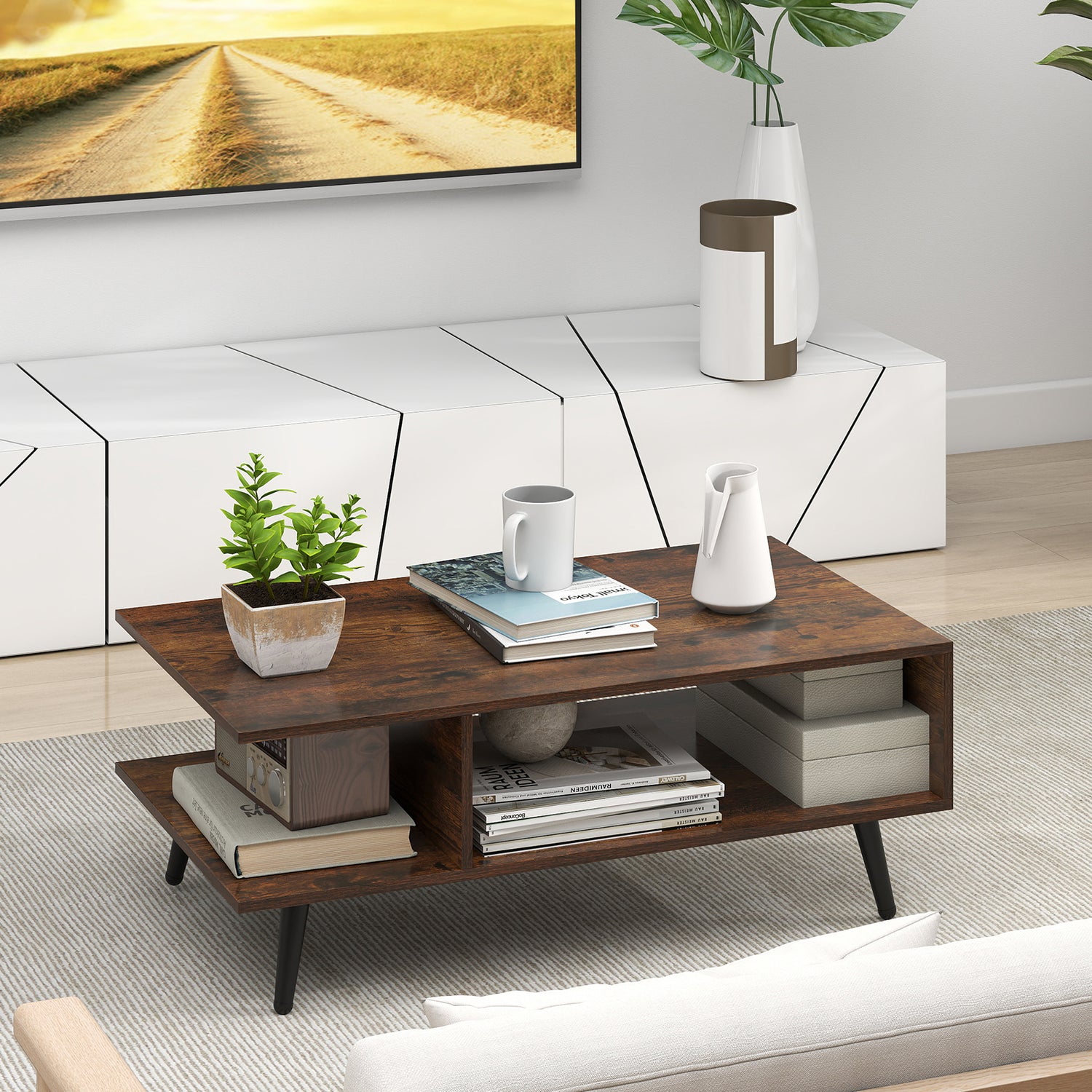 Mid Century Modern Rectangle Coffee Table 2-Tier Accent Table with 2 Open Compartments
