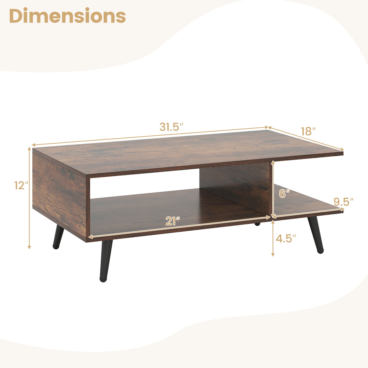 Mid Century Modern Rectangle Coffee Table 2-Tier Accent Table with 2 Open Compartments
