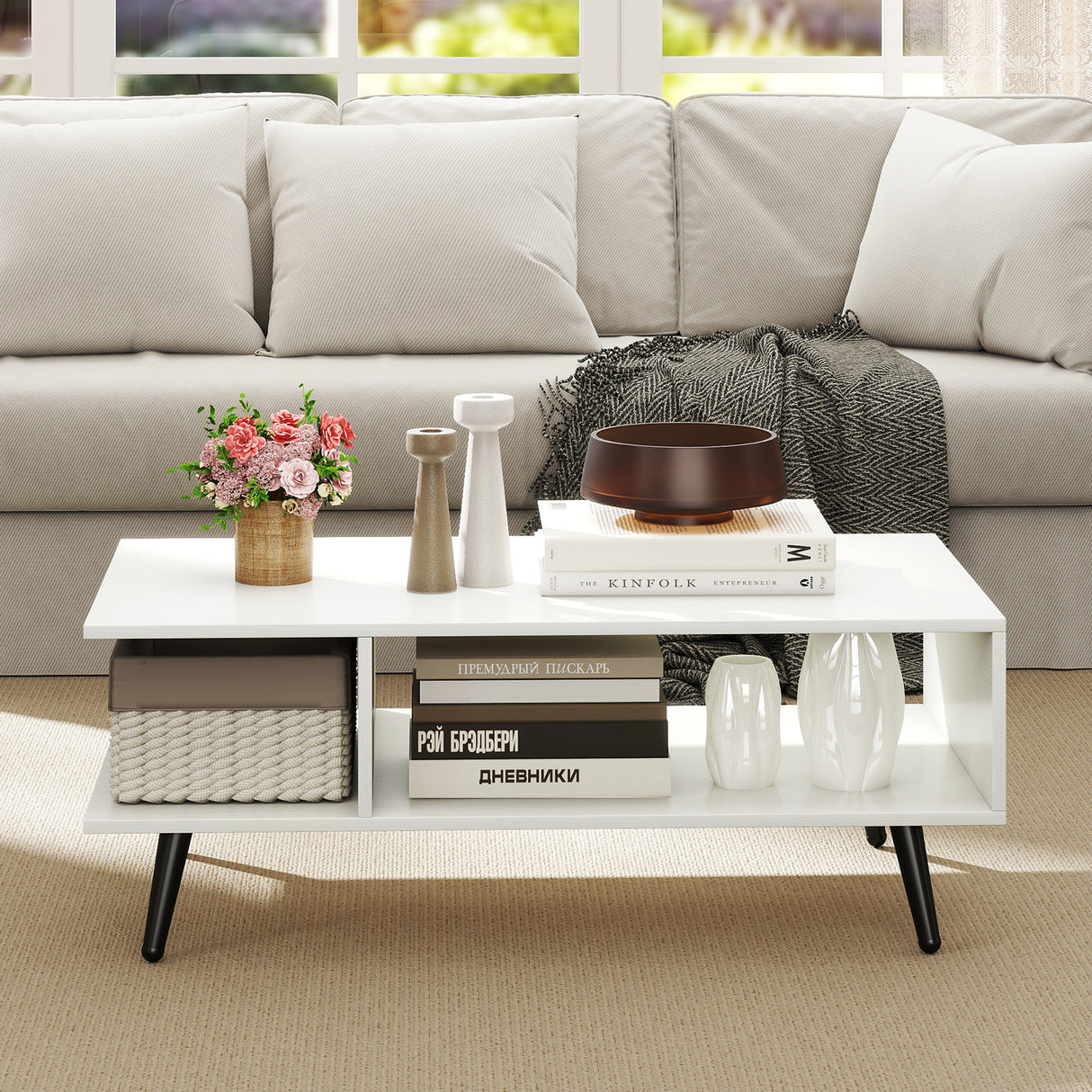 Mid Century Modern Rectangle Coffee Table 2-Tier Accent Table with 2 Open Compartments