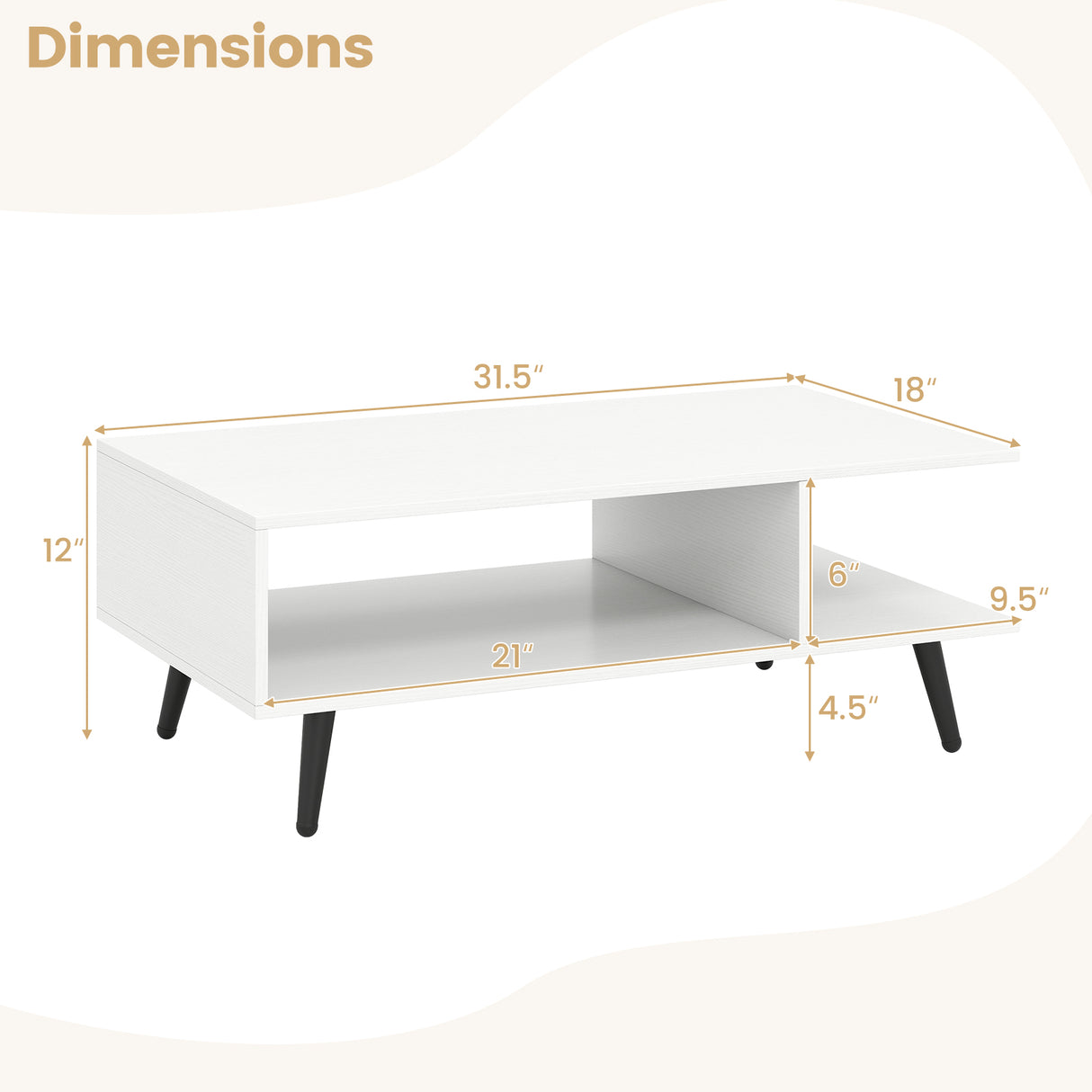 Mid Century Modern Rectangle Coffee Table 2-Tier Accent Table with 2 Open Compartments