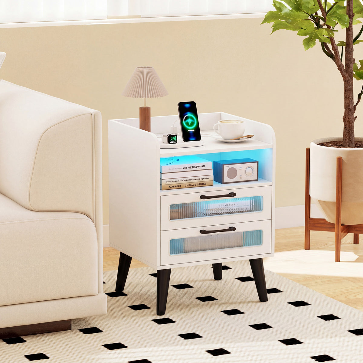 Mid Century Modern Nightstand with Charging Station and LED Lights