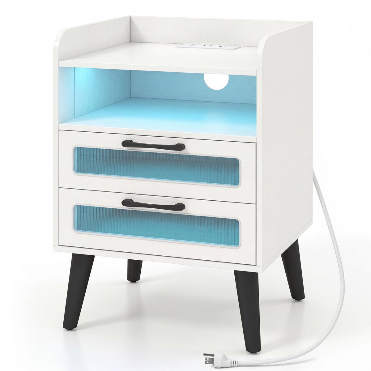 Mid Century Modern Nightstand with Charging Station and LED Lights