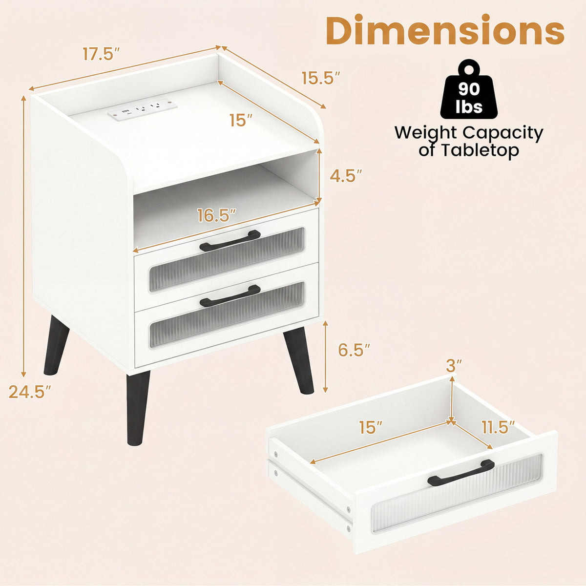 Mid Century Modern Nightstand with Charging Station and LED Lights