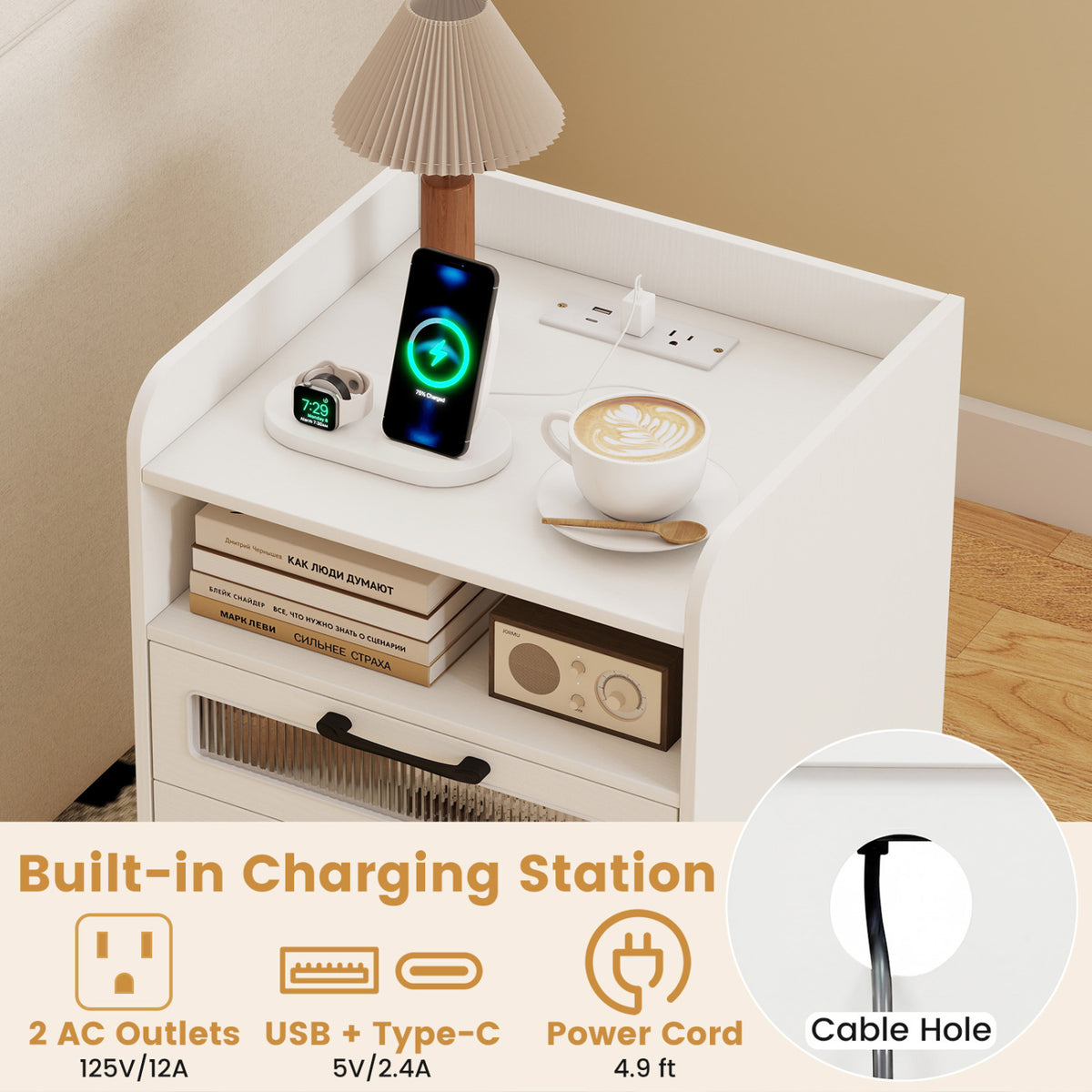 Mid Century Modern Nightstand with Charging Station and LED Lights