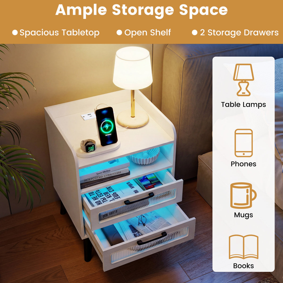 Mid Century Modern Nightstand with Charging Station and LED Lights