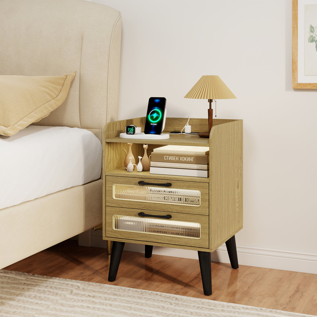 Mid Century Modern Nightstand with Charging Station and LED Lights