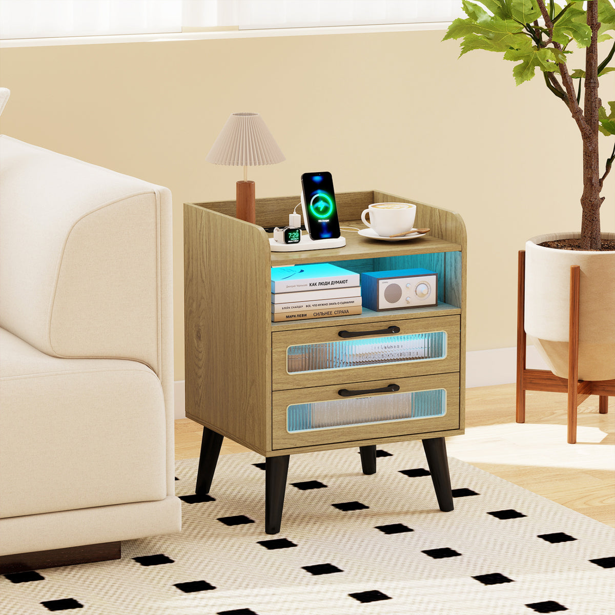 Mid Century Modern Nightstand with Charging Station and LED Lights