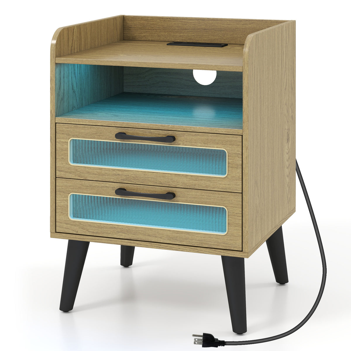 Mid Century Modern Nightstand with Charging Station and LED Lights