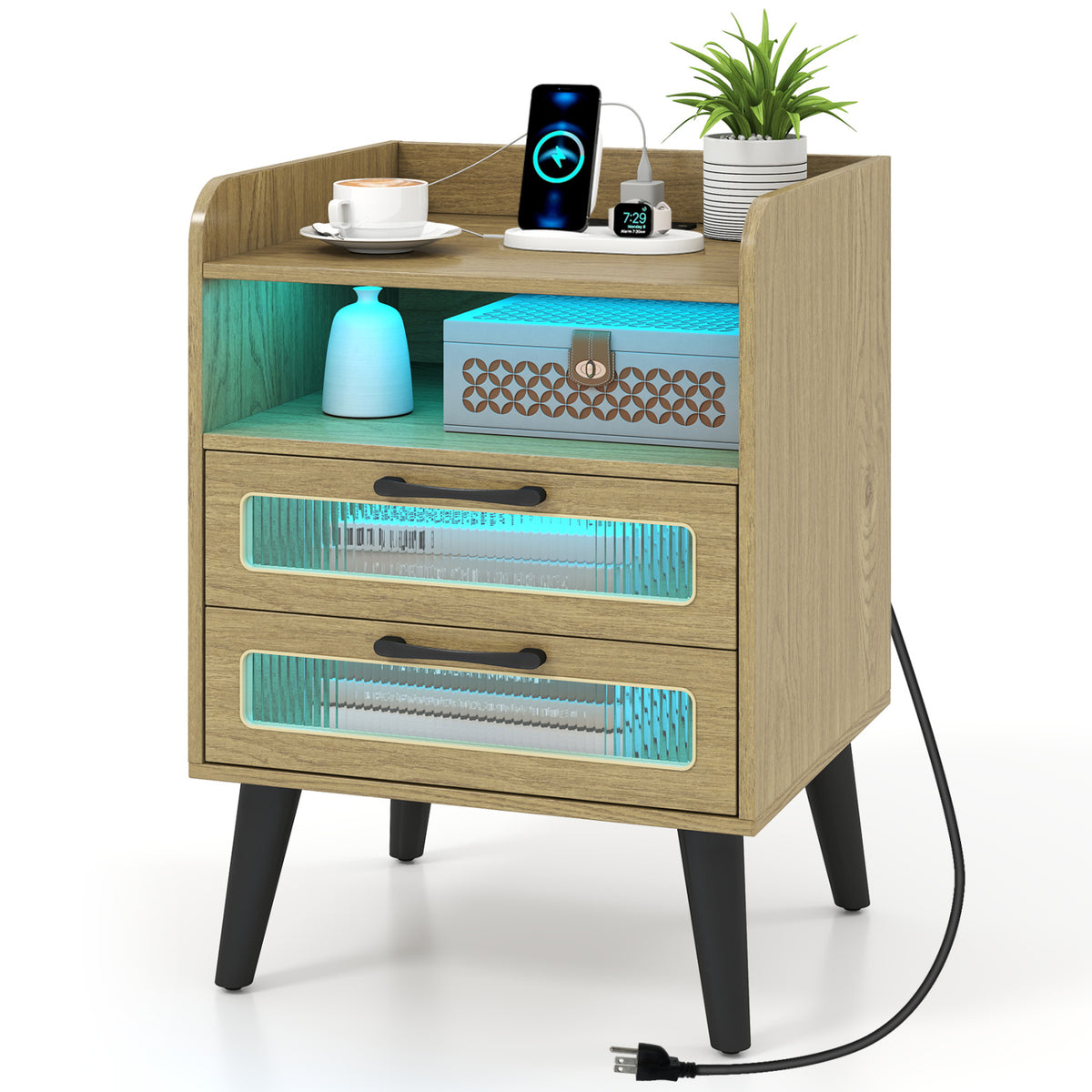 Mid Century Modern Nightstand with Charging Station and LED Lights