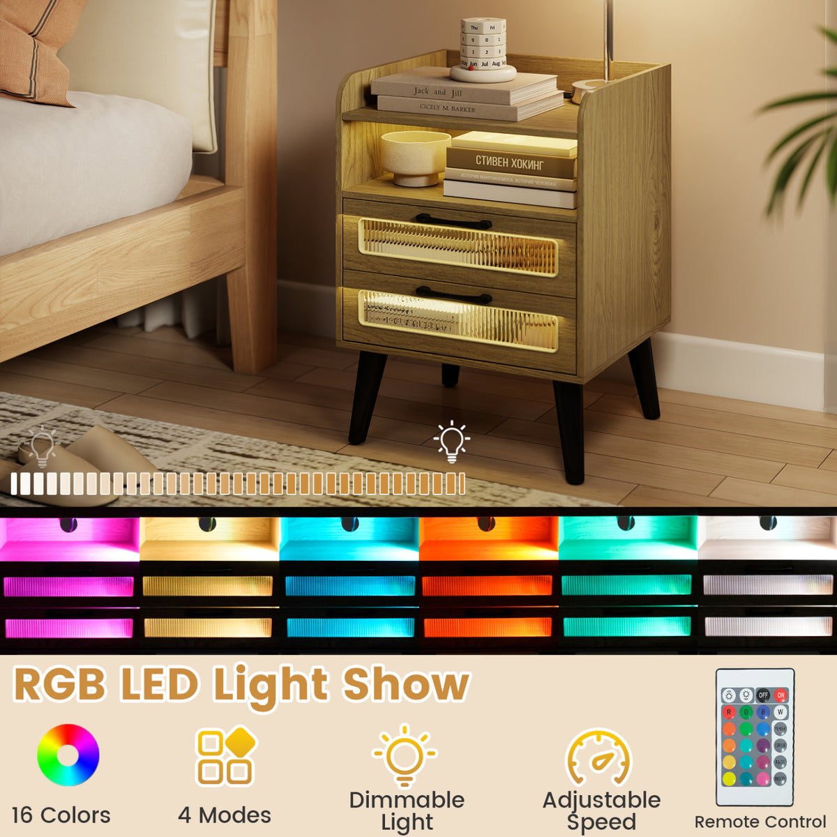 Mid Century Modern Nightstand with Charging Station and LED Lights