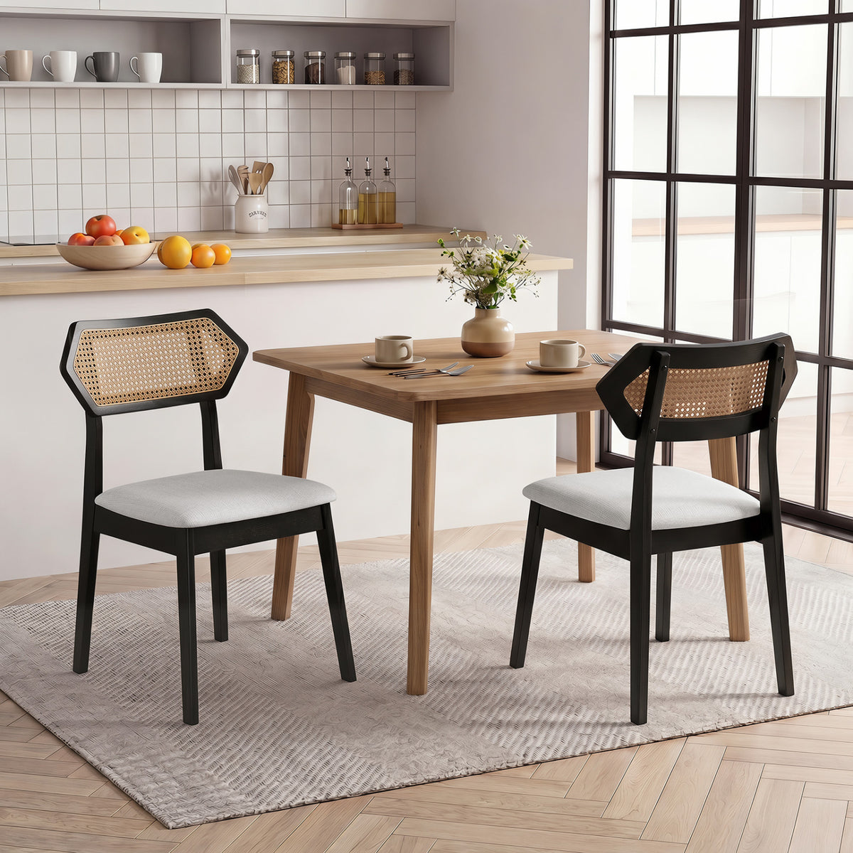 Mid Century Rattan Dining Chairs Set of 2 with Rattan Back and Solid Wood Frame