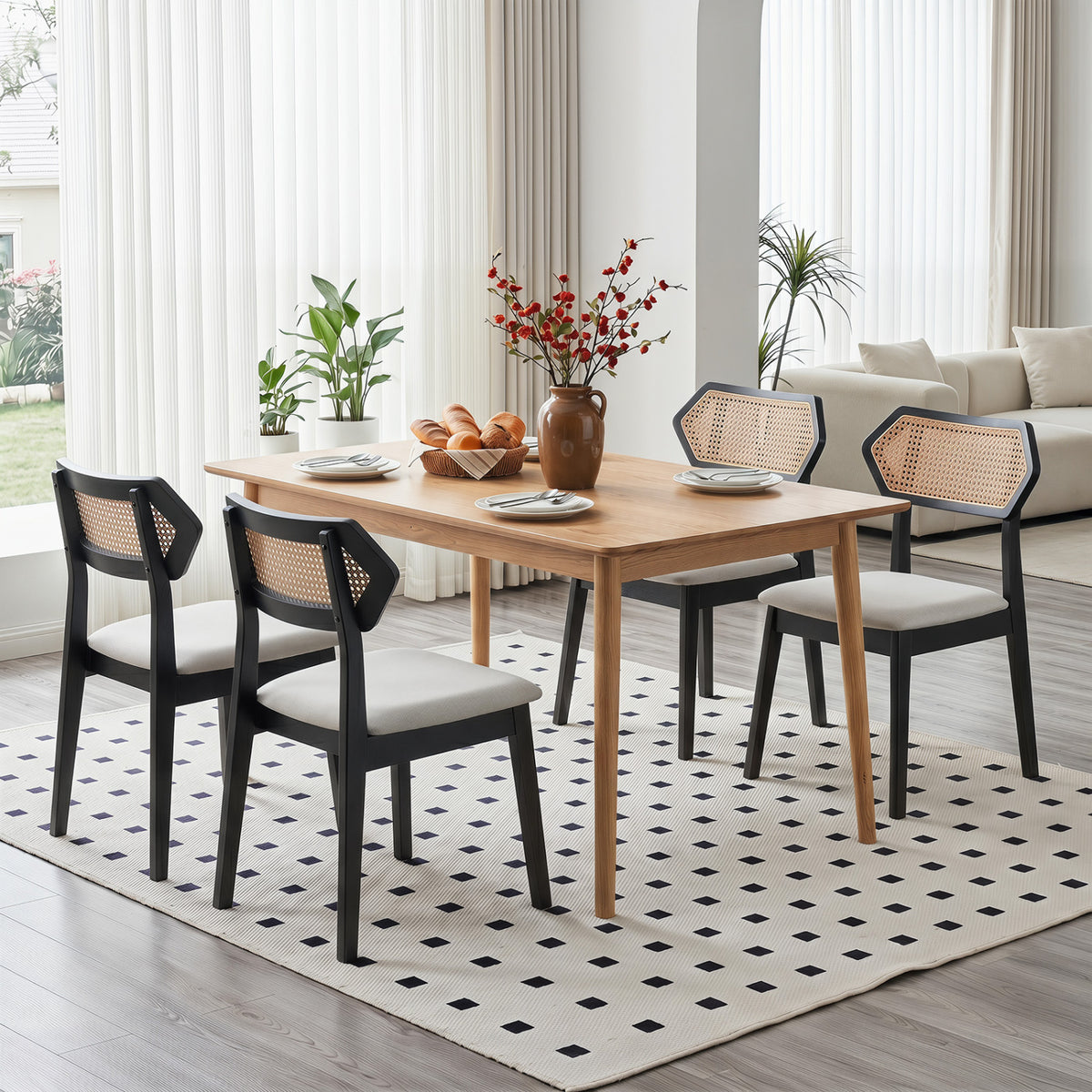 Mid Century Rattan Dining Chairs Set of 2 with Rattan Back and Solid Wood Frame