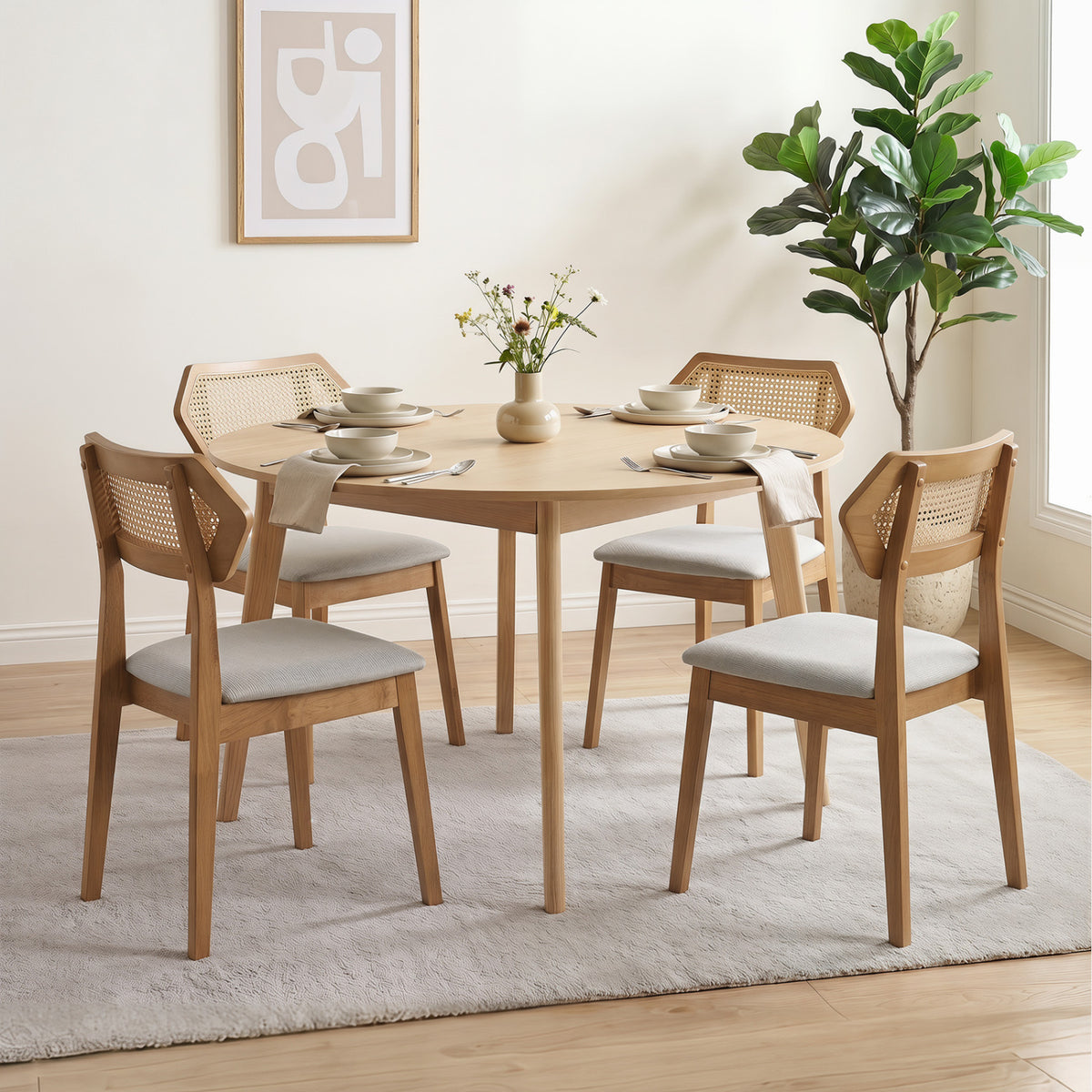 Mid Century Rattan Dining Chairs Set of 2 with Rattan Back and Solid Wood Frame