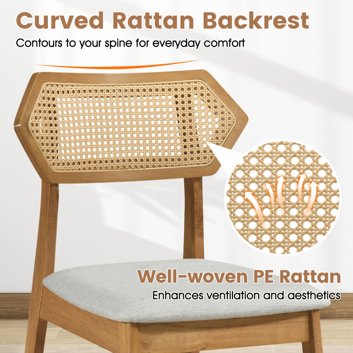 Mid Century Rattan Dining Chairs Set of 2 with Rattan Back and Solid Wood Frame