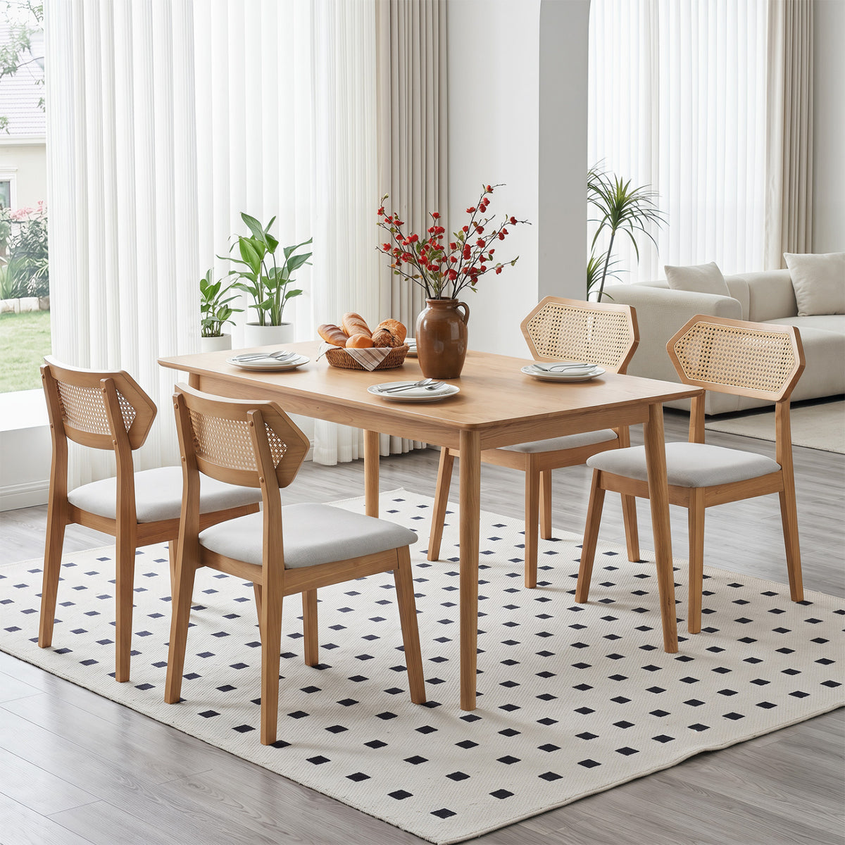 Mid Century Rattan Dining Chairs Set of 4 with Rattan Back