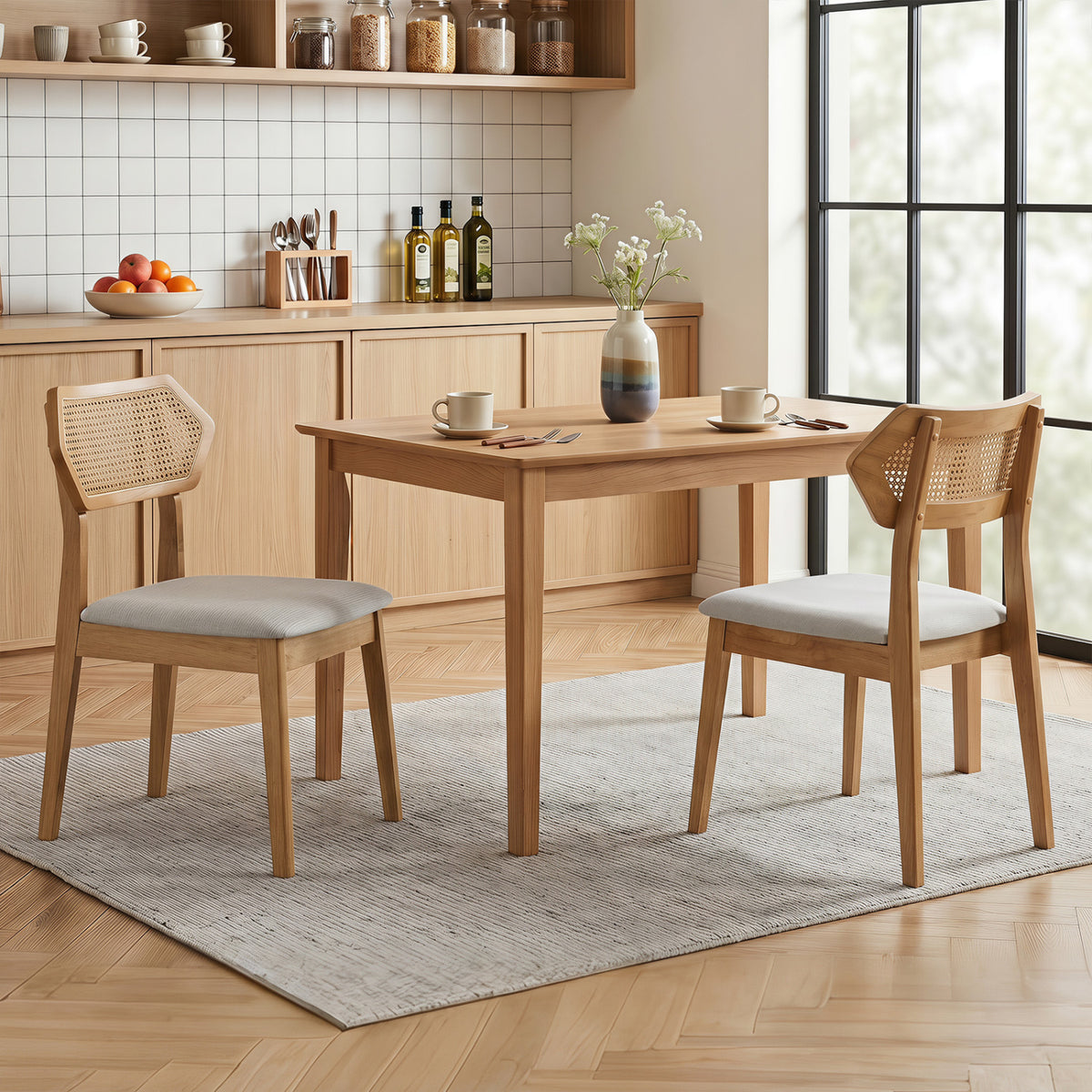 Mid Century Rattan Dining Chairs Set of 4 with Rattan Back