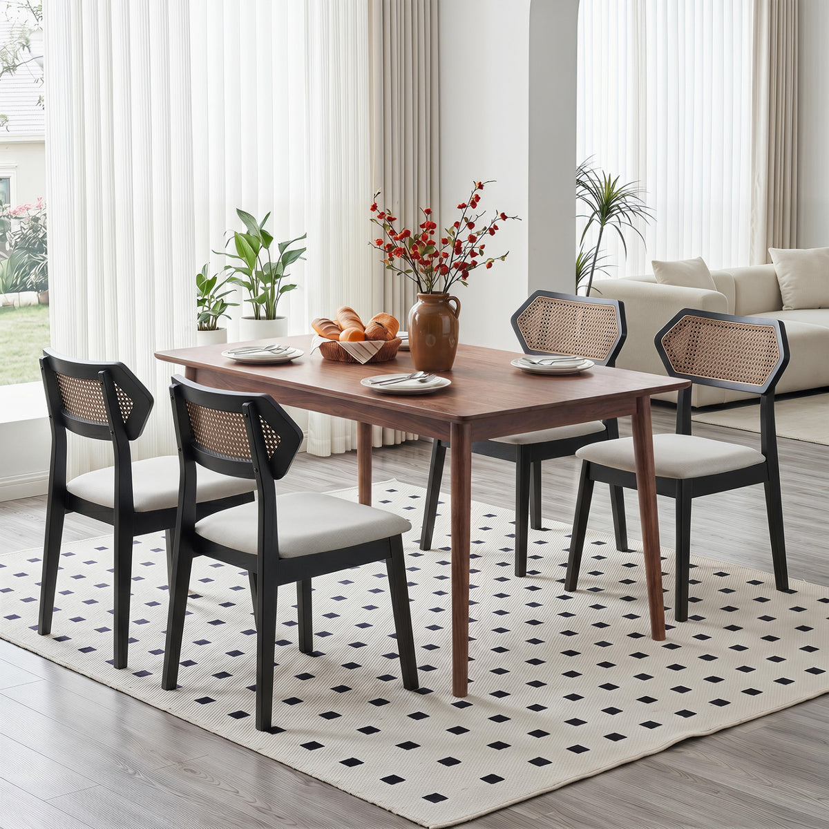 Mid Century Rattan Dining Chairs Set of 4 with Rattan Back