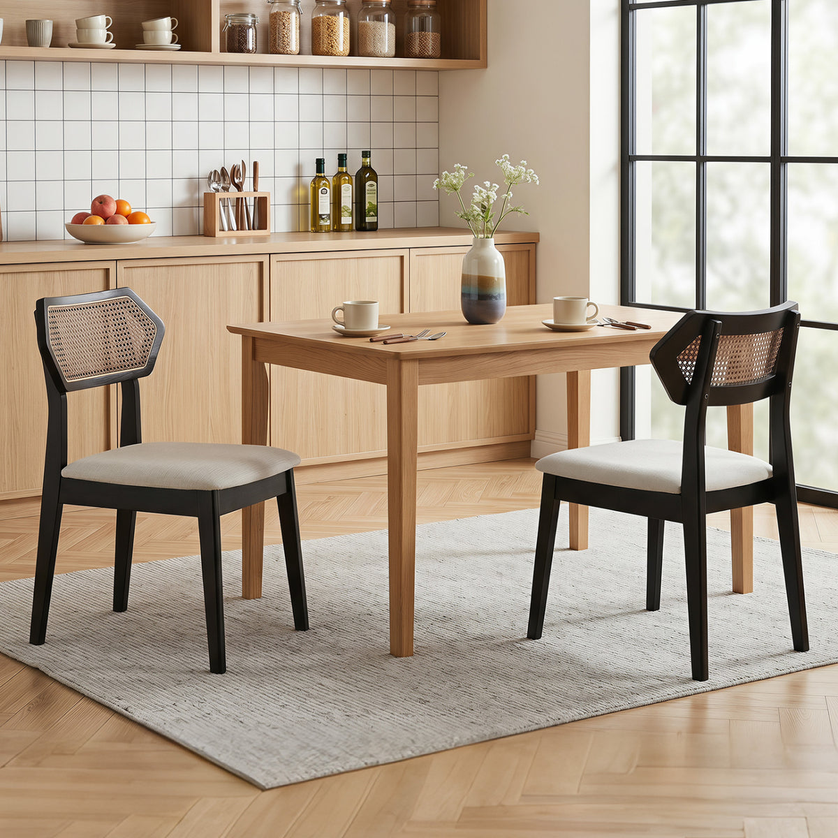 Mid Century Rattan Dining Chairs Set of 4 with Rattan Back