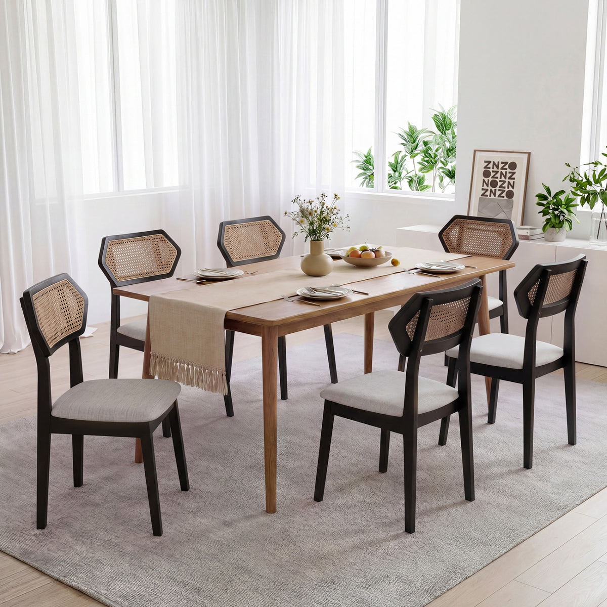Mid Century Rattan Dining Chairs Set of 4 with Rattan Back