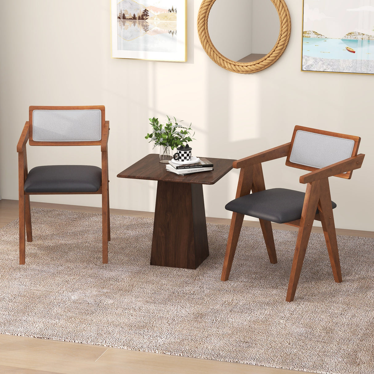 Mid Century Wooden Accent Chairs with Leathaire Seat Cushions Set of 2