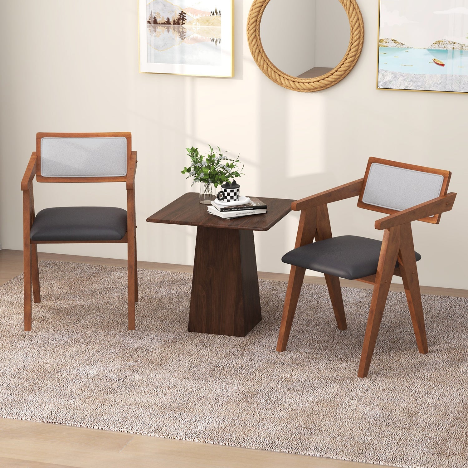 Mid Century Wooden Accent Chairs with Leathaire Seat Cushions Set of 2