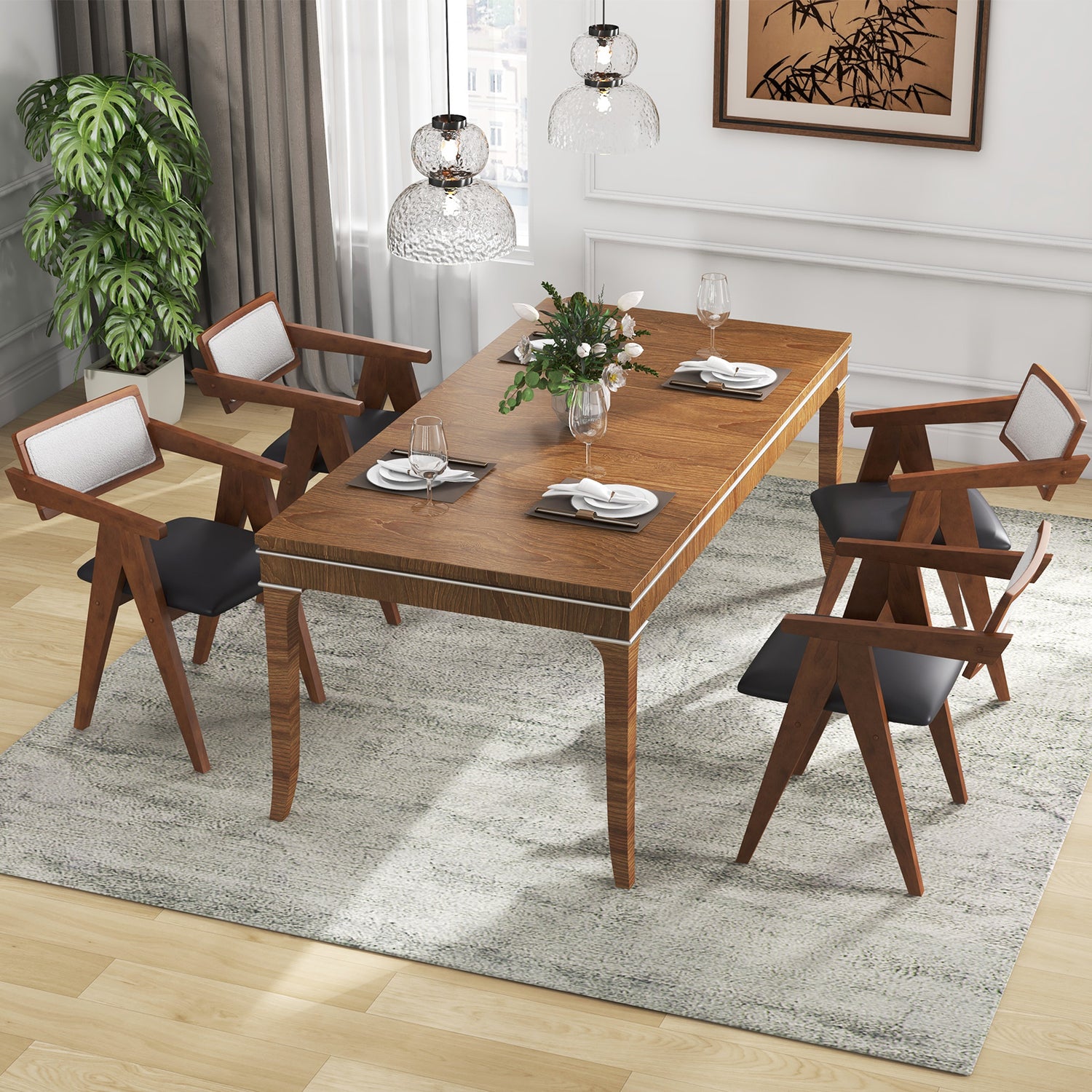 Mid Century Wooden Accent Chairs with Leathaire Seat Cushions Set of 2