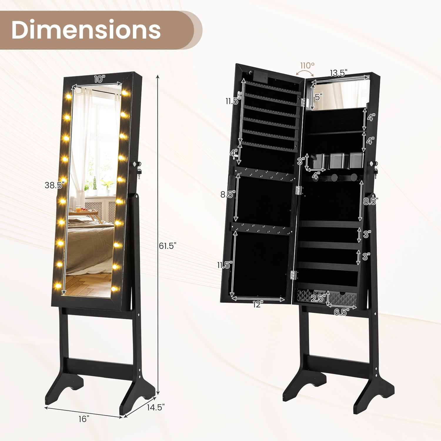 Mirror Jewelry Cabinet with 20 Warm Lights and 4 Tilt Angles