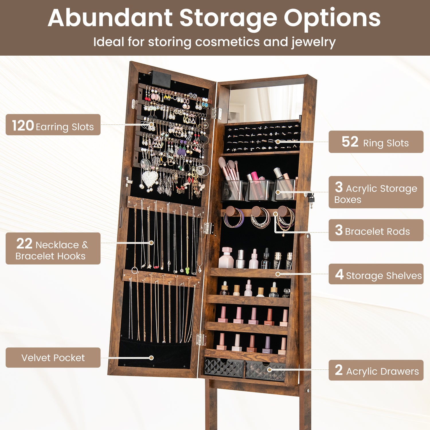 Mirror Jewelry Cabinet with 20 Warm Lights and 4 Tilt Angles