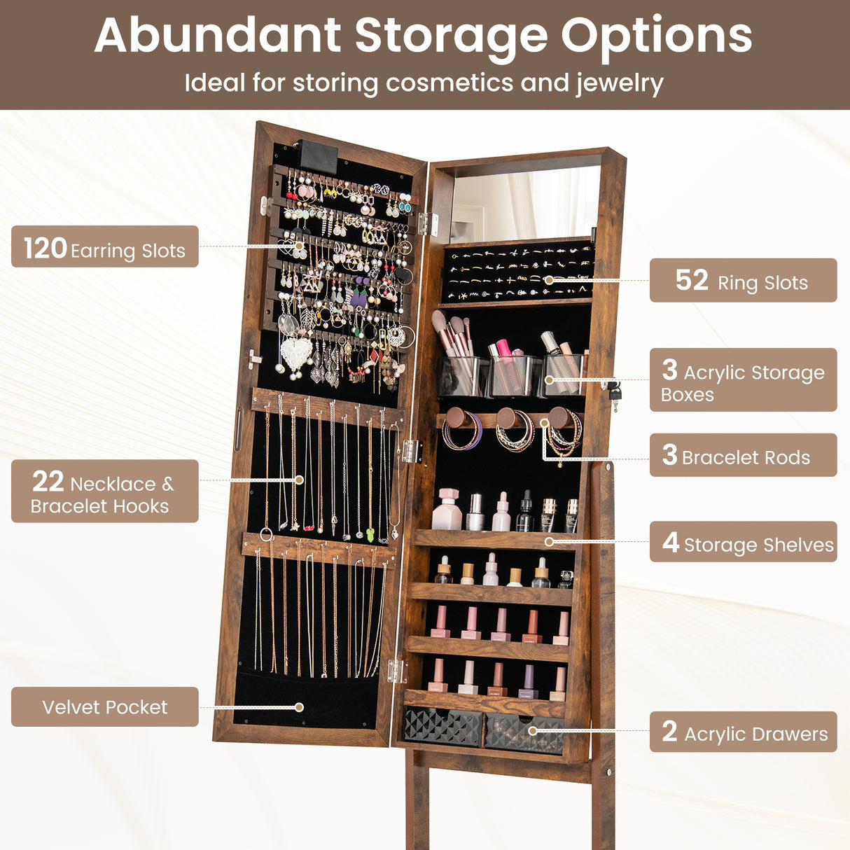 Mirror Jewelry Cabinet with 20 Warm Lights and 4 Tilt Angles