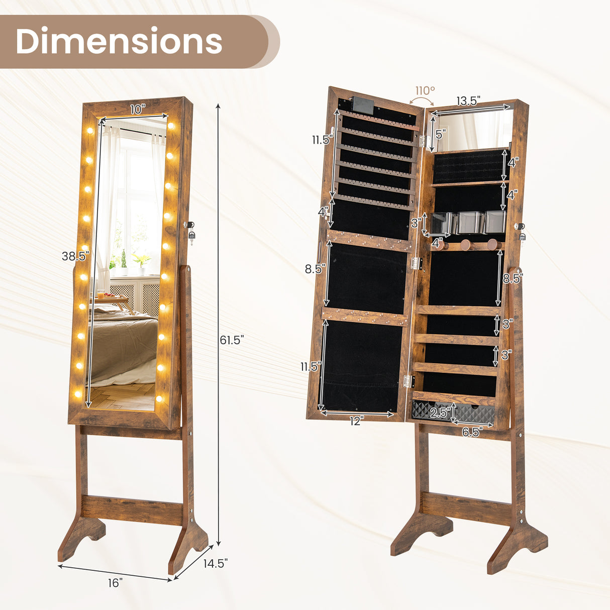 Mirror Jewelry Cabinet with 20 Warm Lights and 4 Tilt Angles