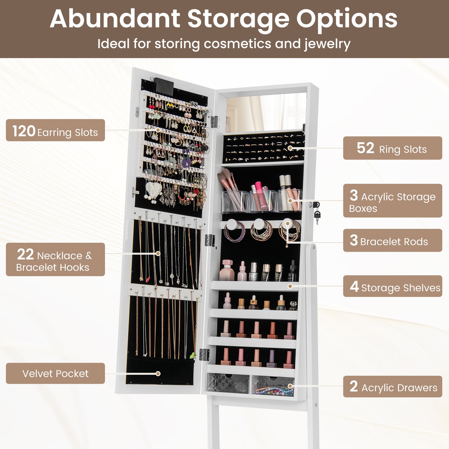 Mirror Jewelry Cabinet with 20 Warm Lights and 4 Tilt Angles