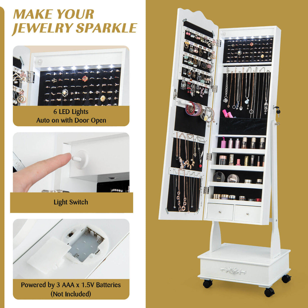 Rolling Floor Standing Mirrored Jewelry Armoire with Lock and Drawers