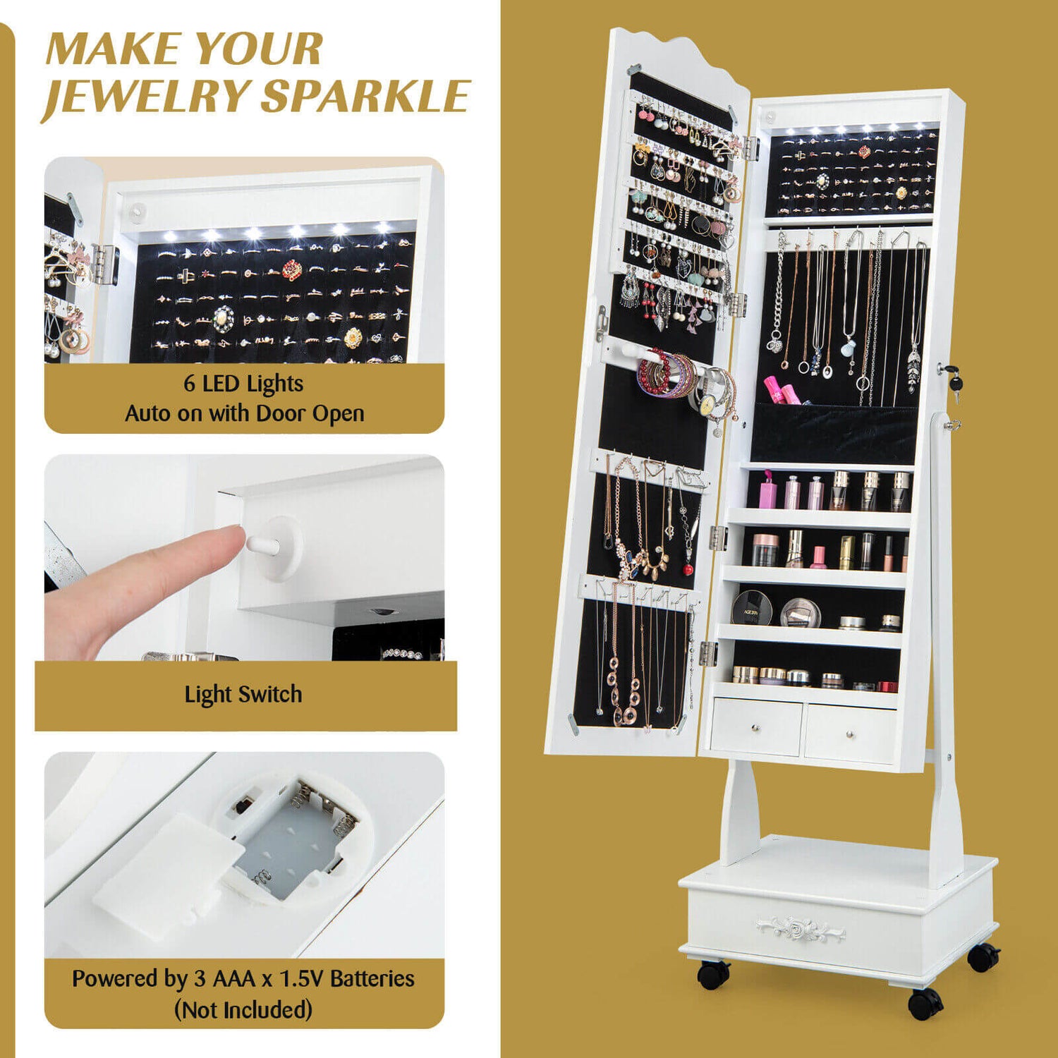Rolling Floor Standing Mirrored Jewelry Armoire with Lock and Drawers