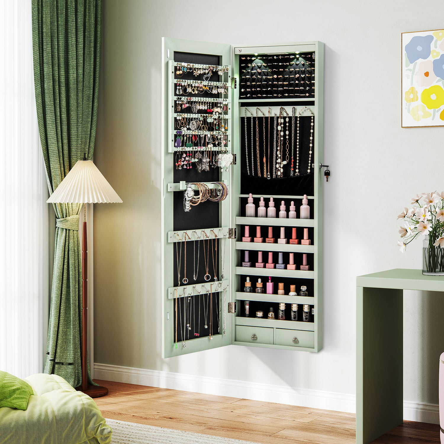Wall and Door Mounted Mirrored Jewelry Cabinet with Lights
